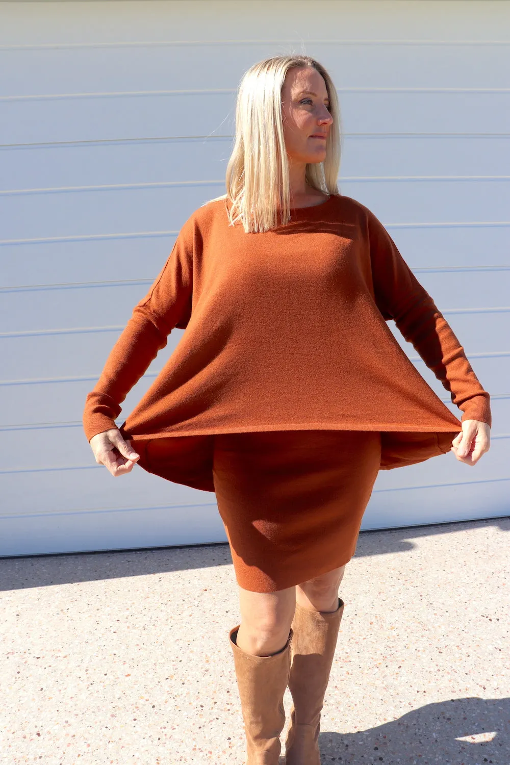 2 in 1 Lux Winter Knit Dress in Rust