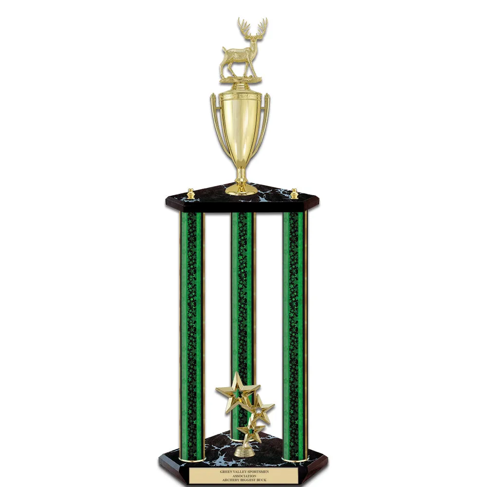 26" Custom 3 Column Black Base Award Trophy With Loving Cup & Figurine