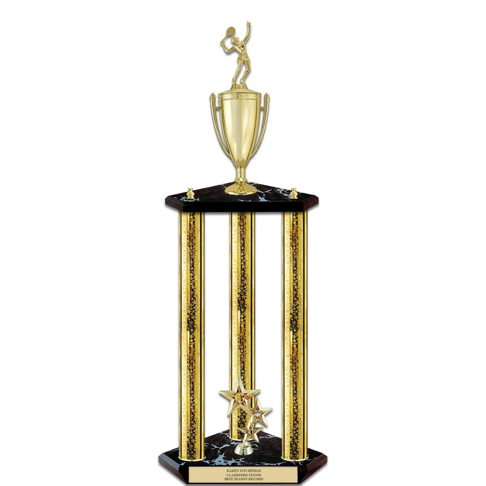 26" Custom 3 Column Black Base Award Trophy With Loving Cup & Figurine