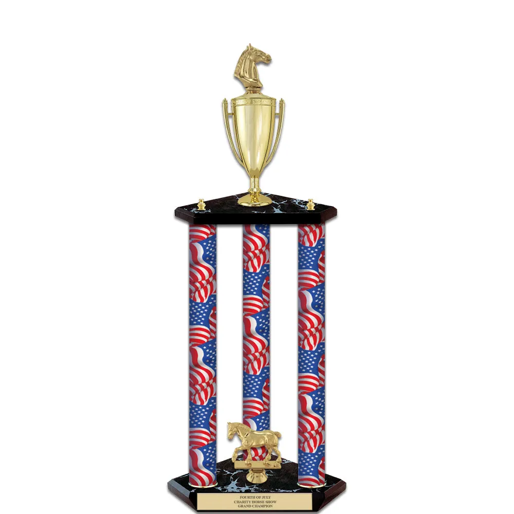 26" Custom 3 Column Black Base Award Trophy With Loving Cup & Figurine