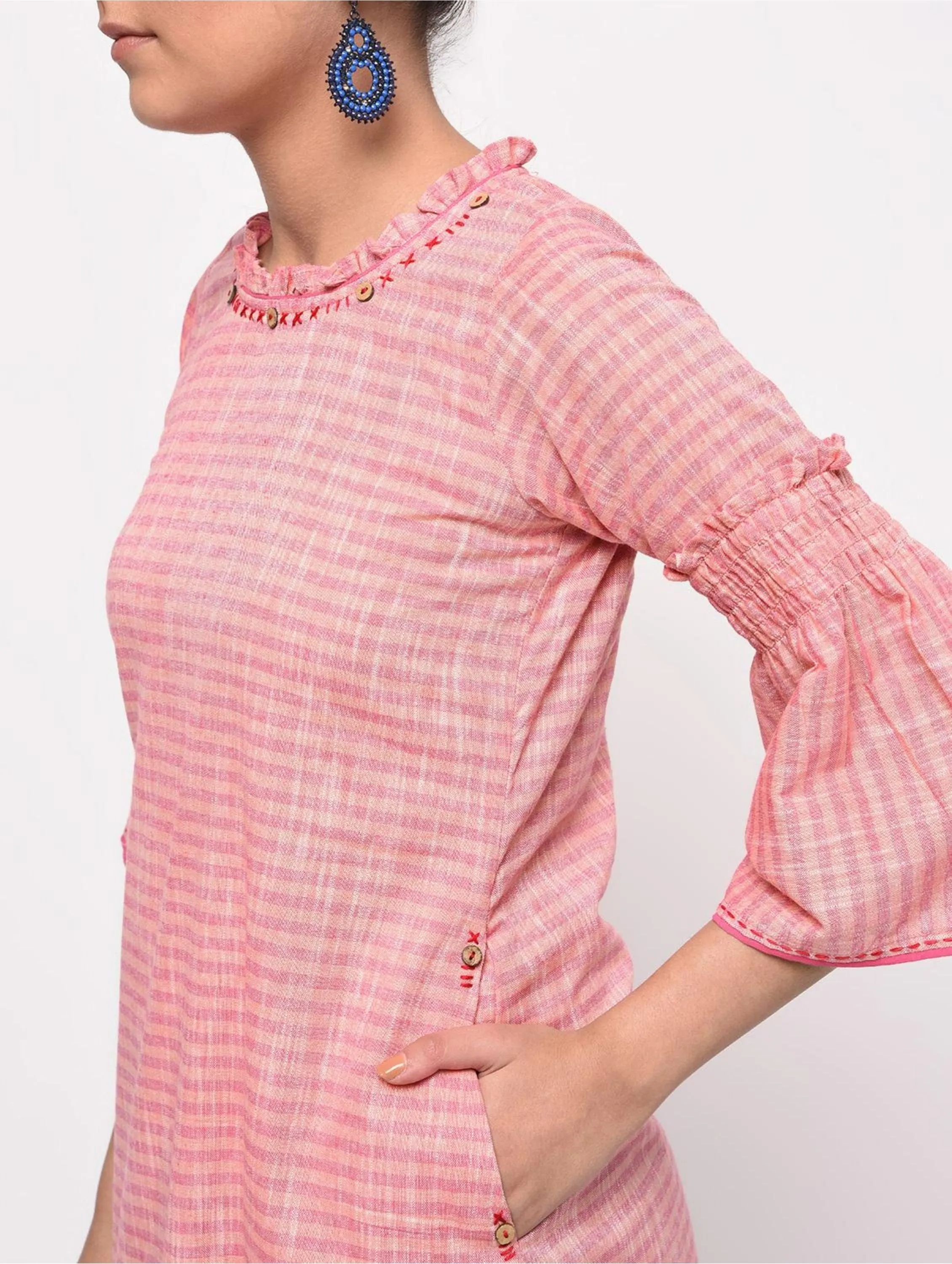 Bell Sleeves Pink A Line Kurta with Pockets