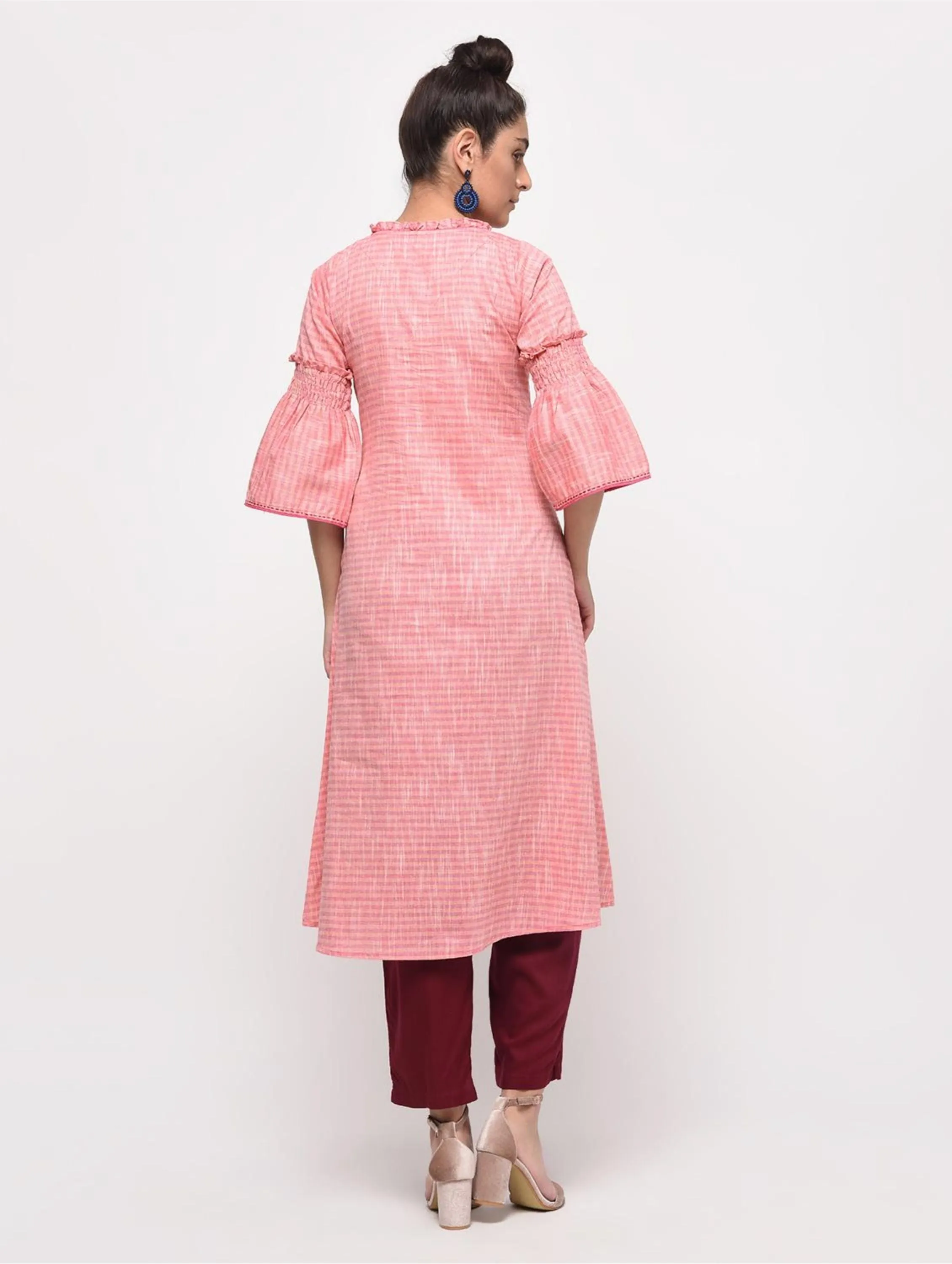 Bell Sleeves Pink A Line Kurta with Pockets