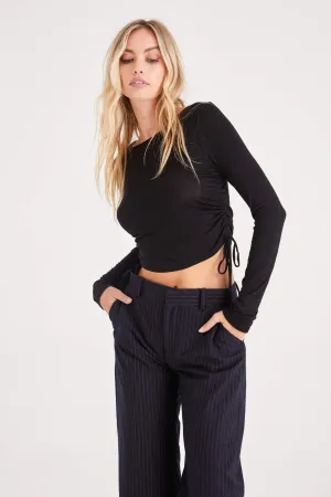 Black Aubrey Ruched Side Tie Long Sleeve Top