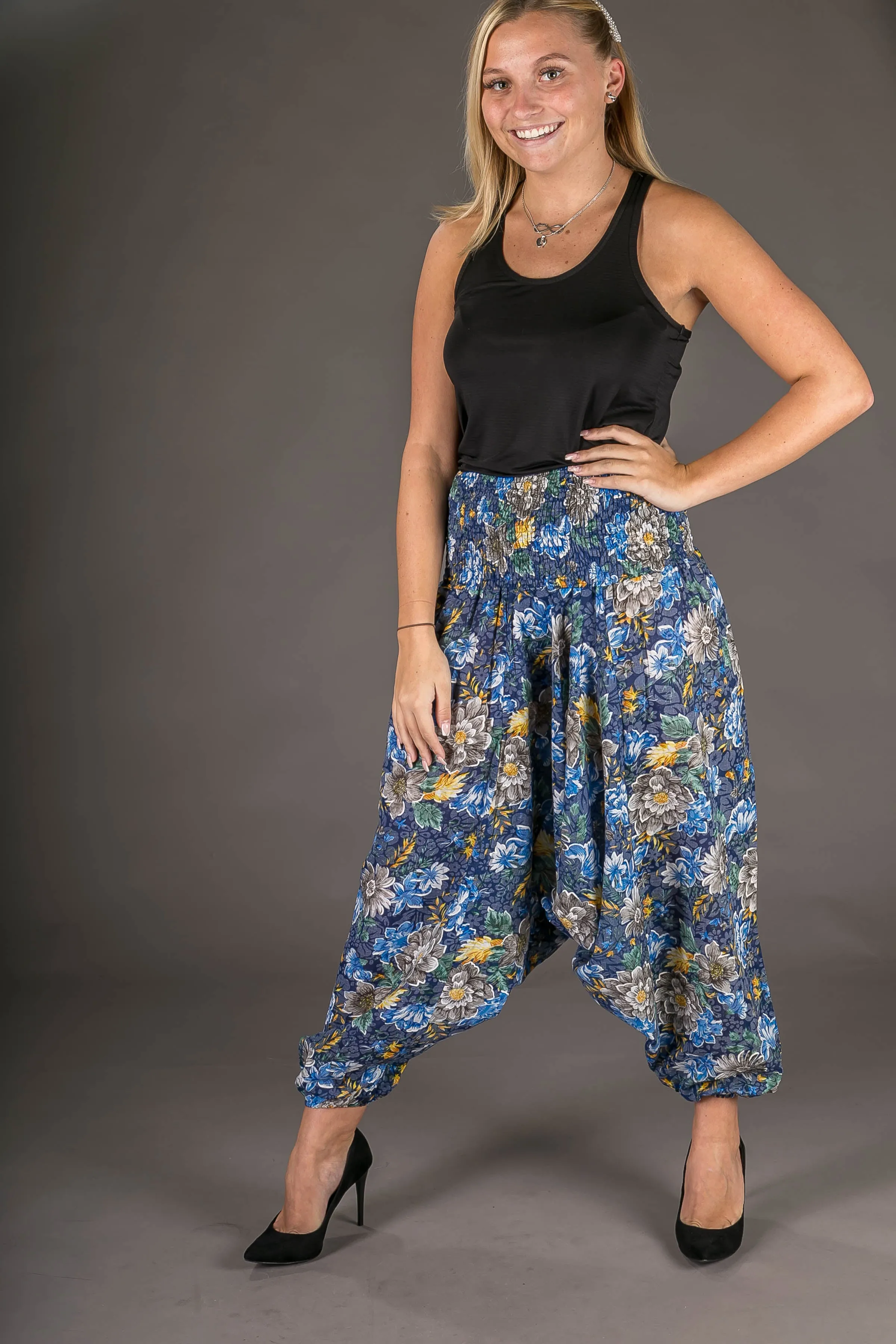 Blue Yellow Floral Print Cotton Harem Yoga Jumpsuit Pants