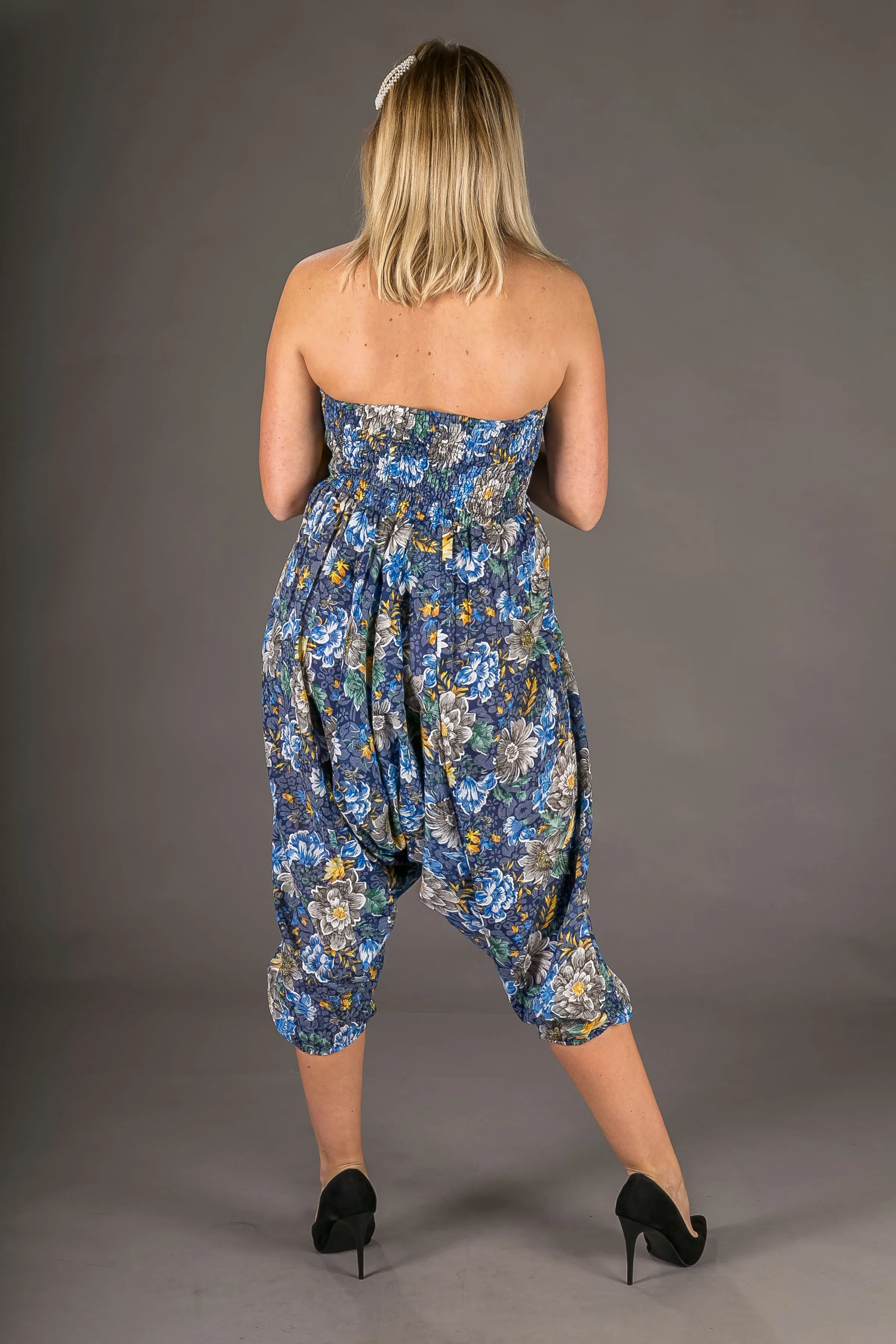 Blue Yellow Floral Print Cotton Harem Yoga Jumpsuit Pants