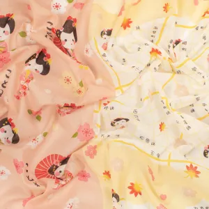 Border Printed Cotton Voile Design-13 Kimono Dolls & Sakura on Coral/Yellow Checks