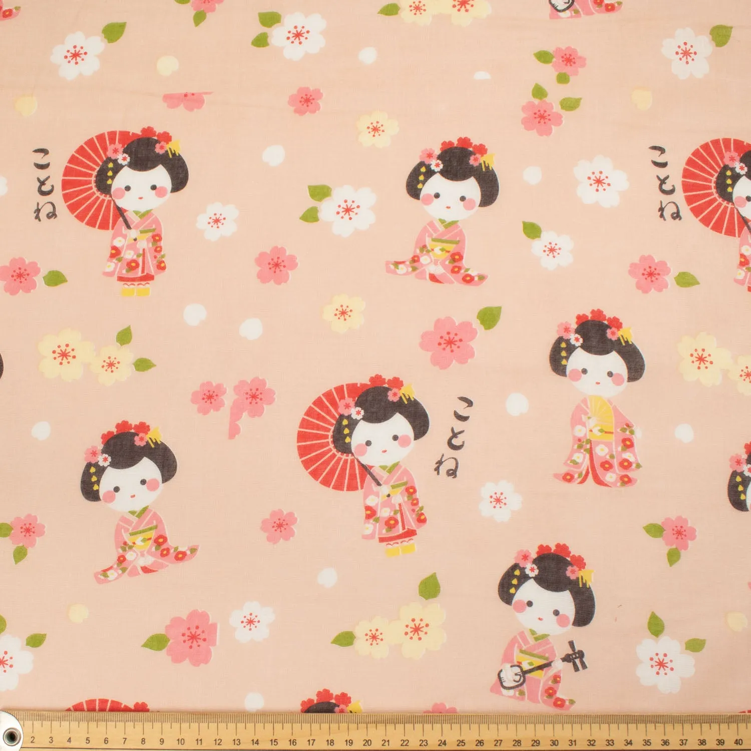 Border Printed Cotton Voile Design-13 Kimono Dolls & Sakura on Coral/Yellow Checks