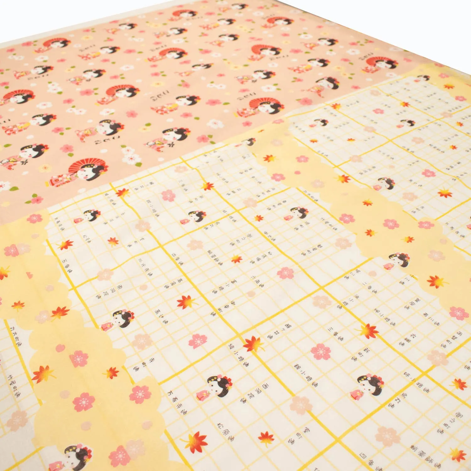 Border Printed Cotton Voile Design-13 Kimono Dolls & Sakura on Coral/Yellow Checks