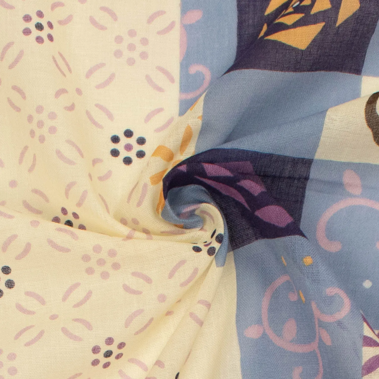 Border Printed Cotton Voile Design-28 Purple Florals on Cream/Cats & Flowers on Blue Checks