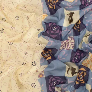 Border Printed Cotton Voile Design-28 Purple Florals on Cream/Cats & Flowers on Blue Checks