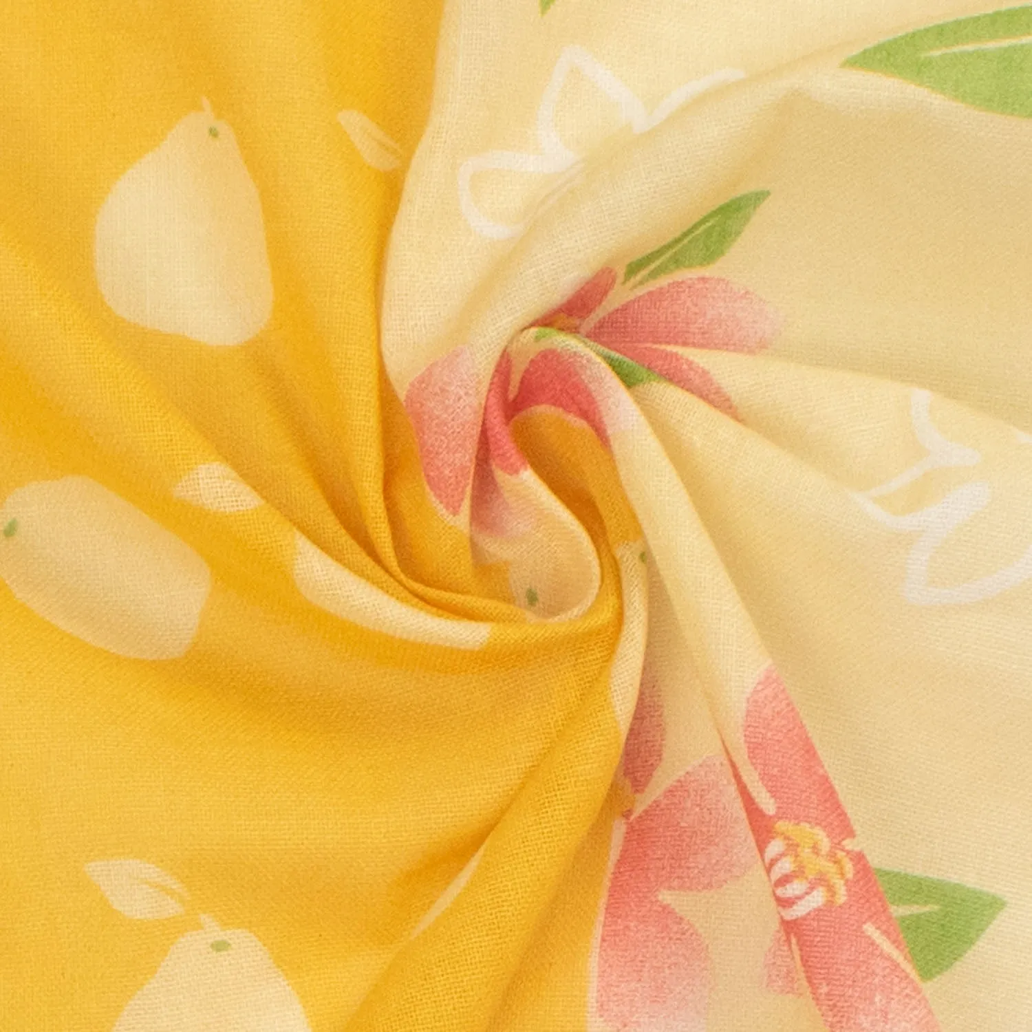 Border Printed Cotton Voile Design-9 Pears on Yellow/Pink Flowers on Cream