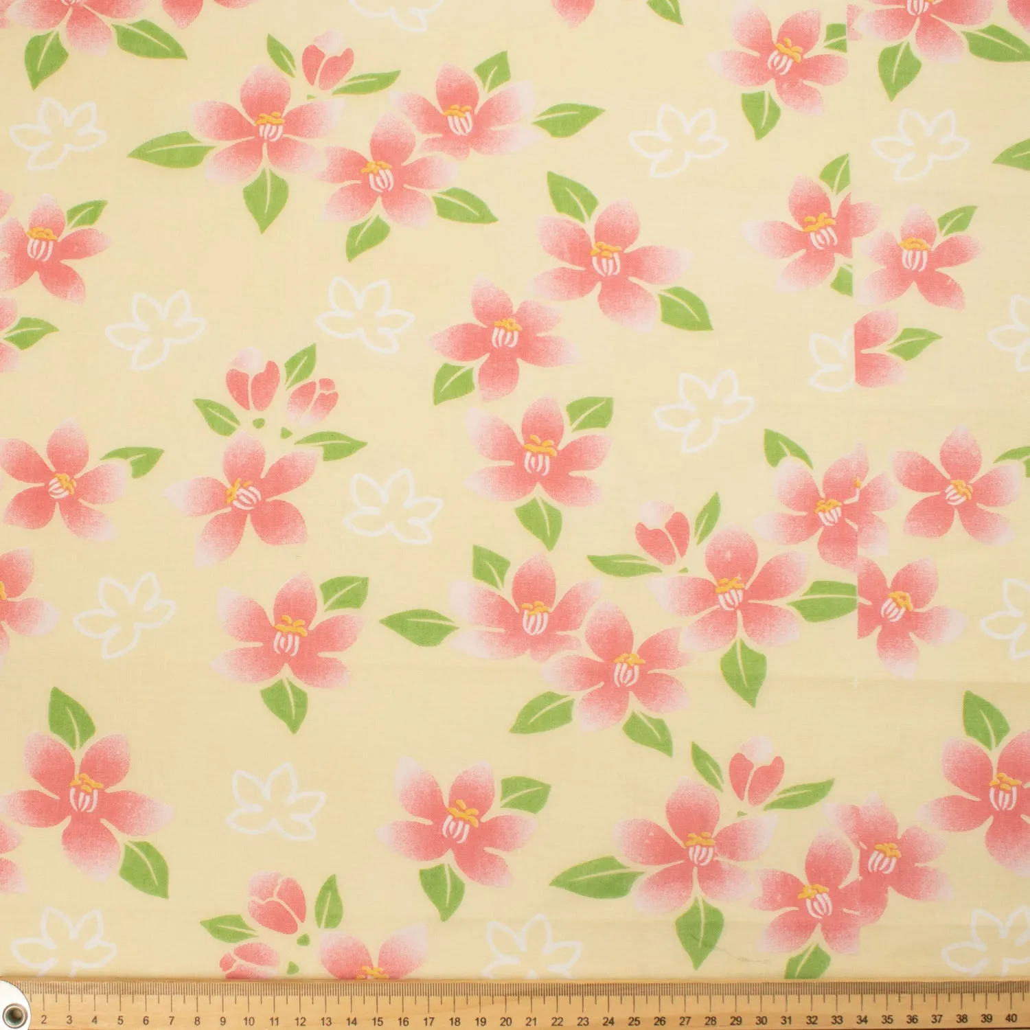 Border Printed Cotton Voile Design-9 Pears on Yellow/Pink Flowers on Cream