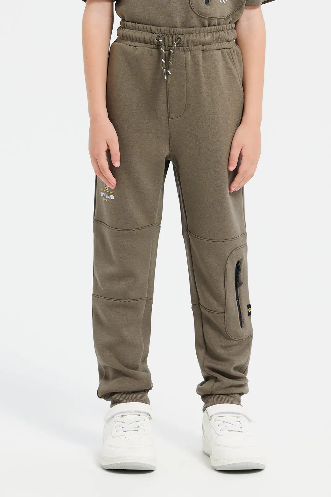 Boys Olive Printed Track Pants