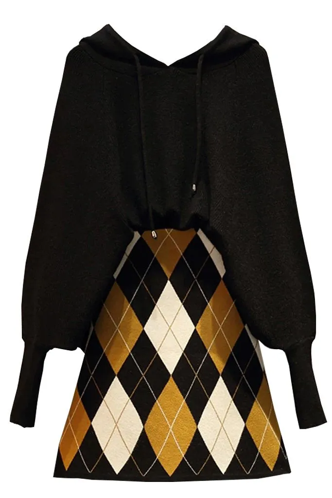 Carolina Black Batwing Sweater and Multicolor Skirt Set