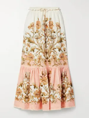 Chintz belted tiered floral-print linen midi skirt