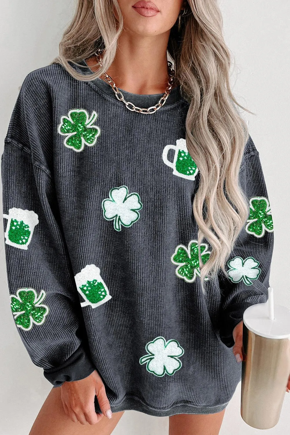 Corduroy Sequin Clover St Patrick Graphic Sweatshirt