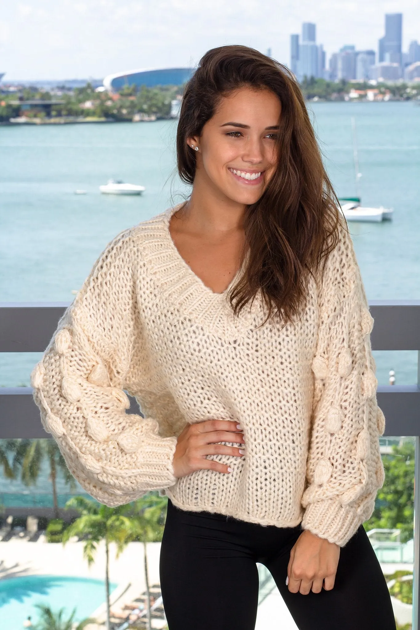 Cream V-Neck Knit Sweater