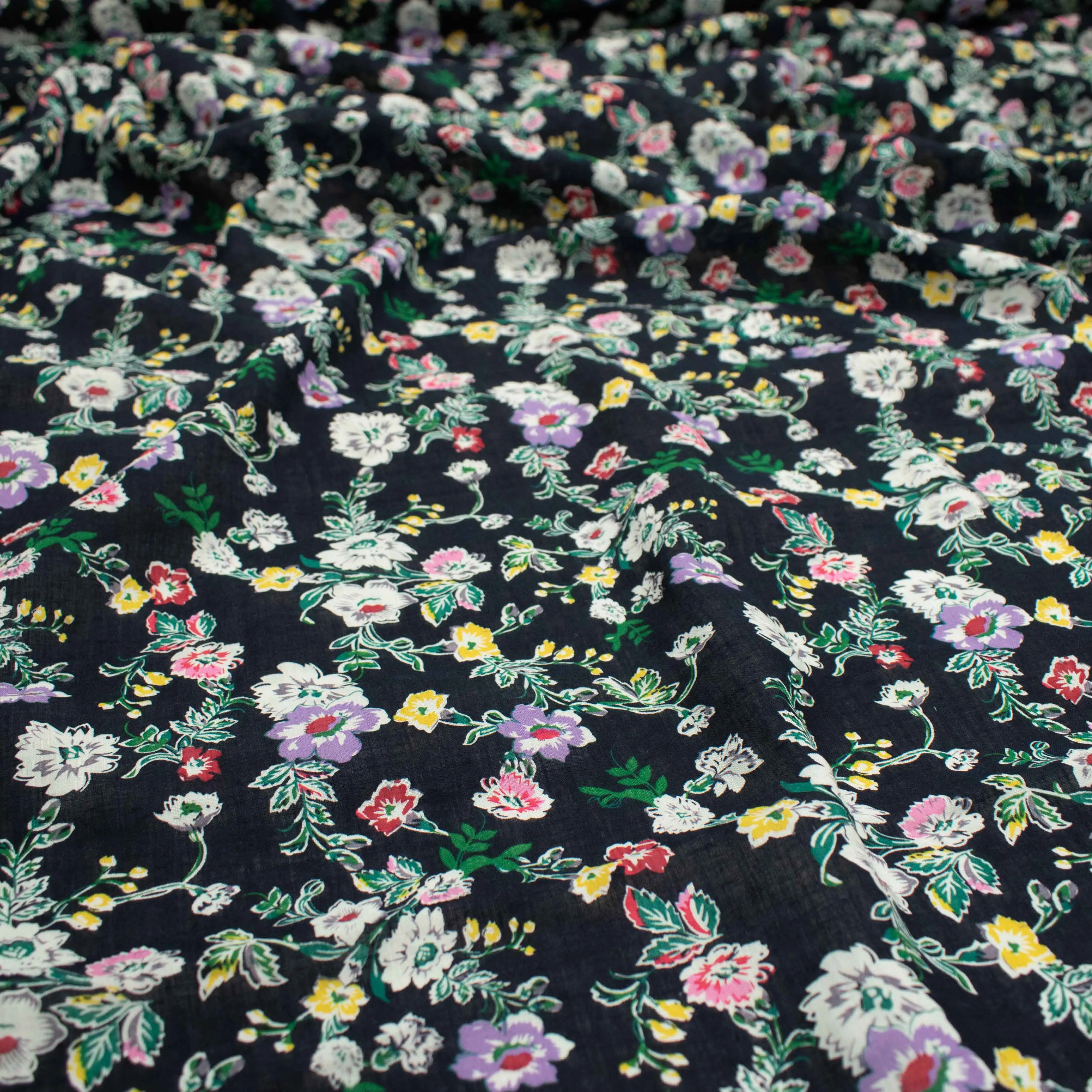 Crinkle Cotton Prints Design-13 Lilac Floral on Navy