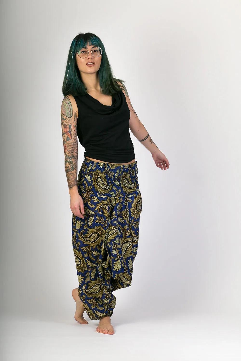 Dark Blue Floral Print Cotton Harem Yoga Jumpsuit Pants