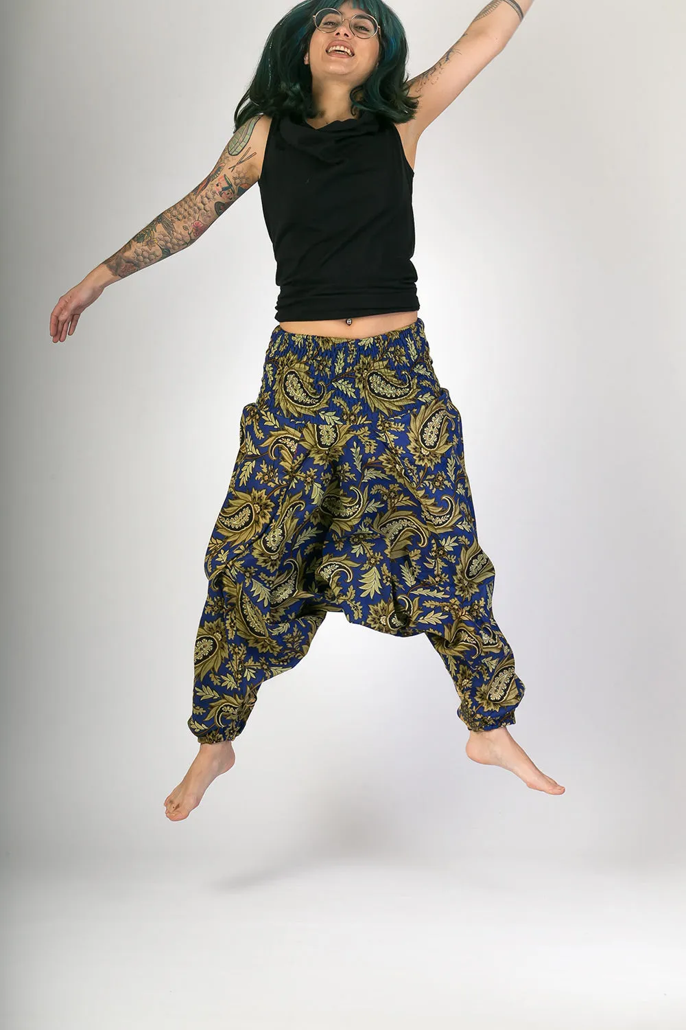 Dark Blue Floral Print Cotton Harem Yoga Jumpsuit Pants