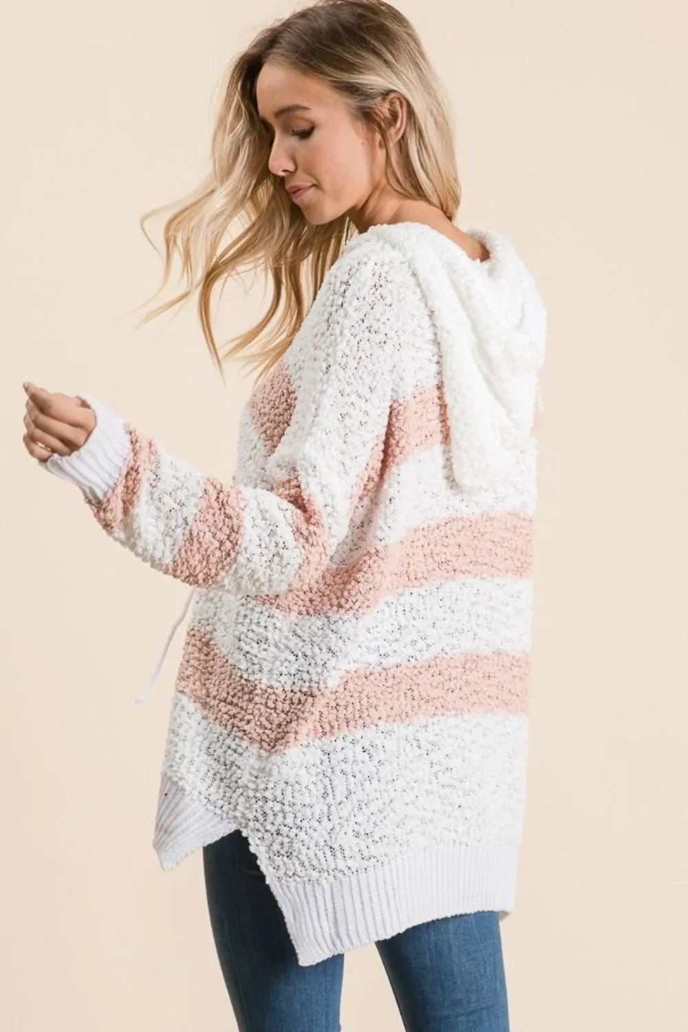 Full Size High-Low Striped Popcorn Hoodie Sweater