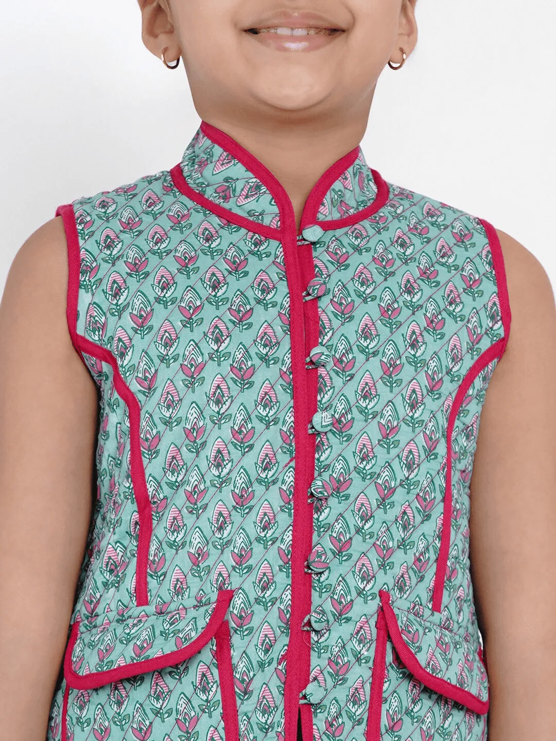 Girl's Green & Pink Printed Tailored Jacket Top  - NOZ2TOZ KIDS