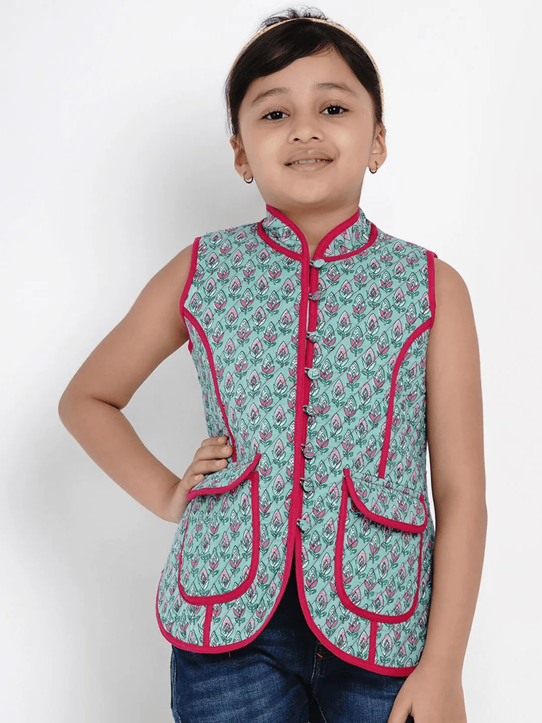 Girl's Green & Pink Printed Tailored Jacket Top  - NOZ2TOZ KIDS