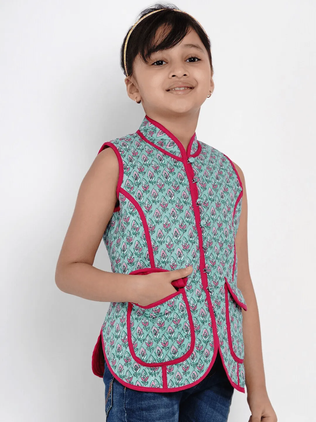 Girl's Green & Pink Printed Tailored Jacket Top  - NOZ2TOZ KIDS