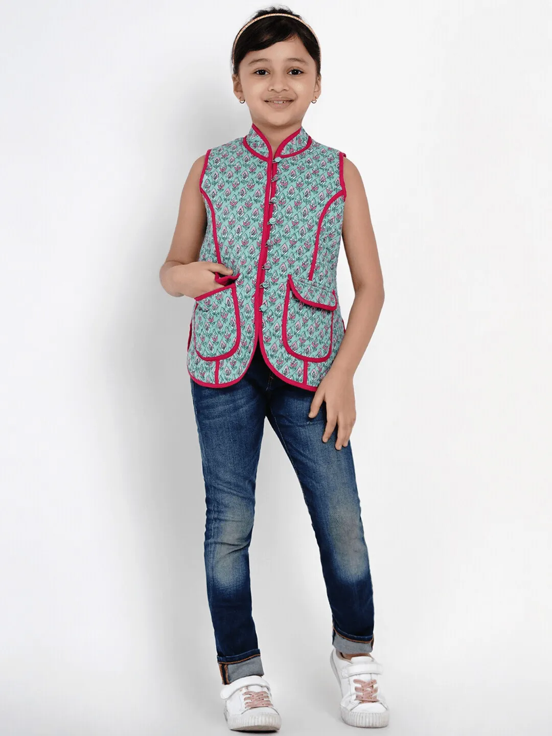 Girl's Green & Pink Printed Tailored Jacket Top  - NOZ2TOZ KIDS