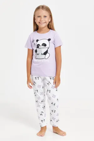 Girls Lilac And White Printed Pyjama Set (2 Piece)