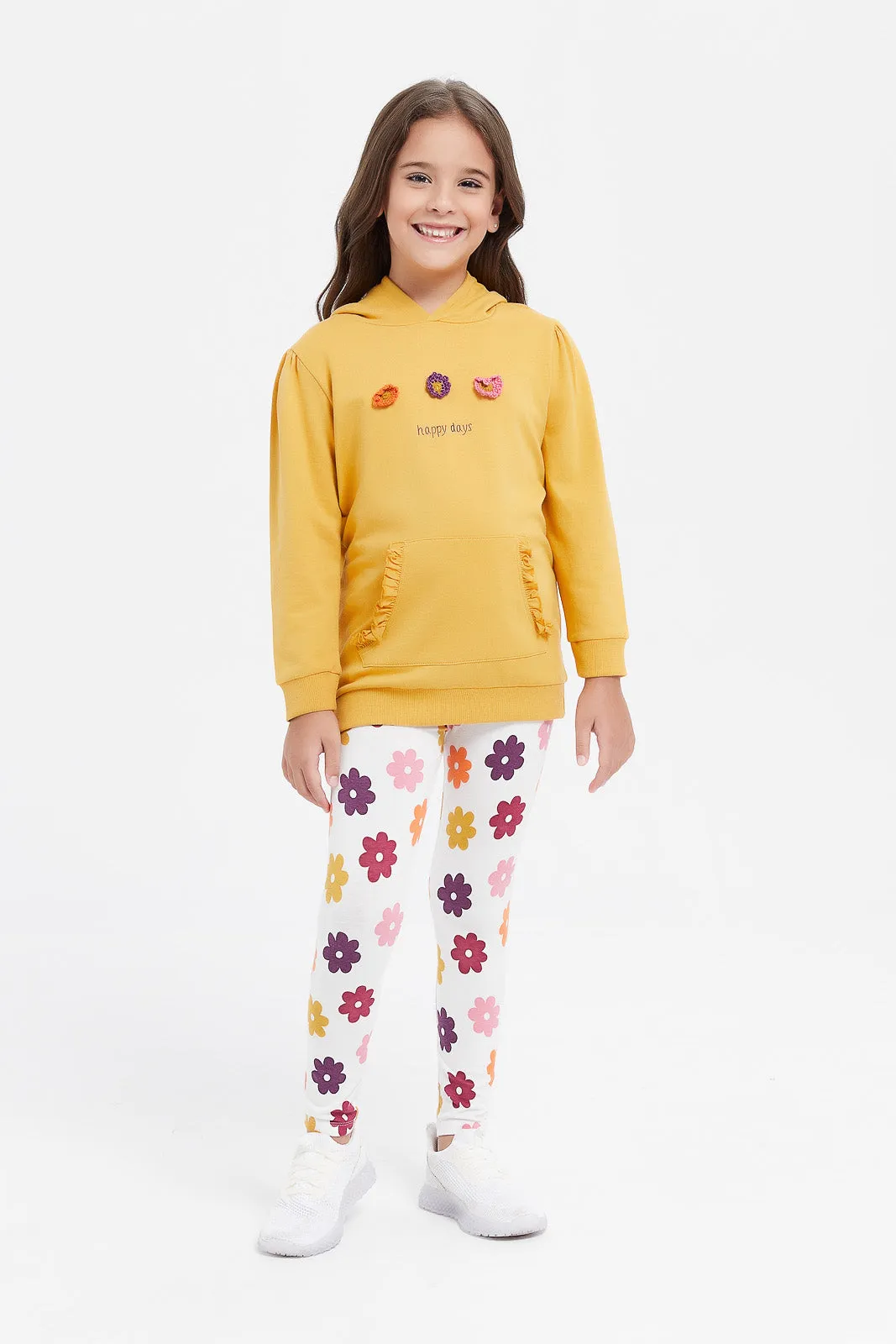 Girls Mustard Hooded Printed Sweatshirt Set (2 Piece)