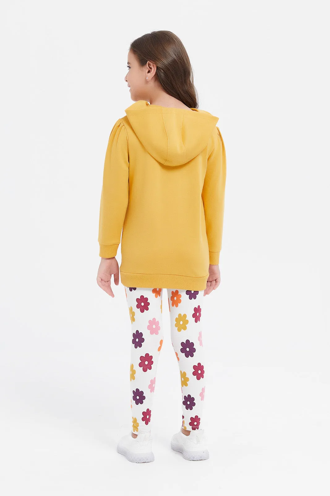 Girls Mustard Hooded Printed Sweatshirt Set (2 Piece)