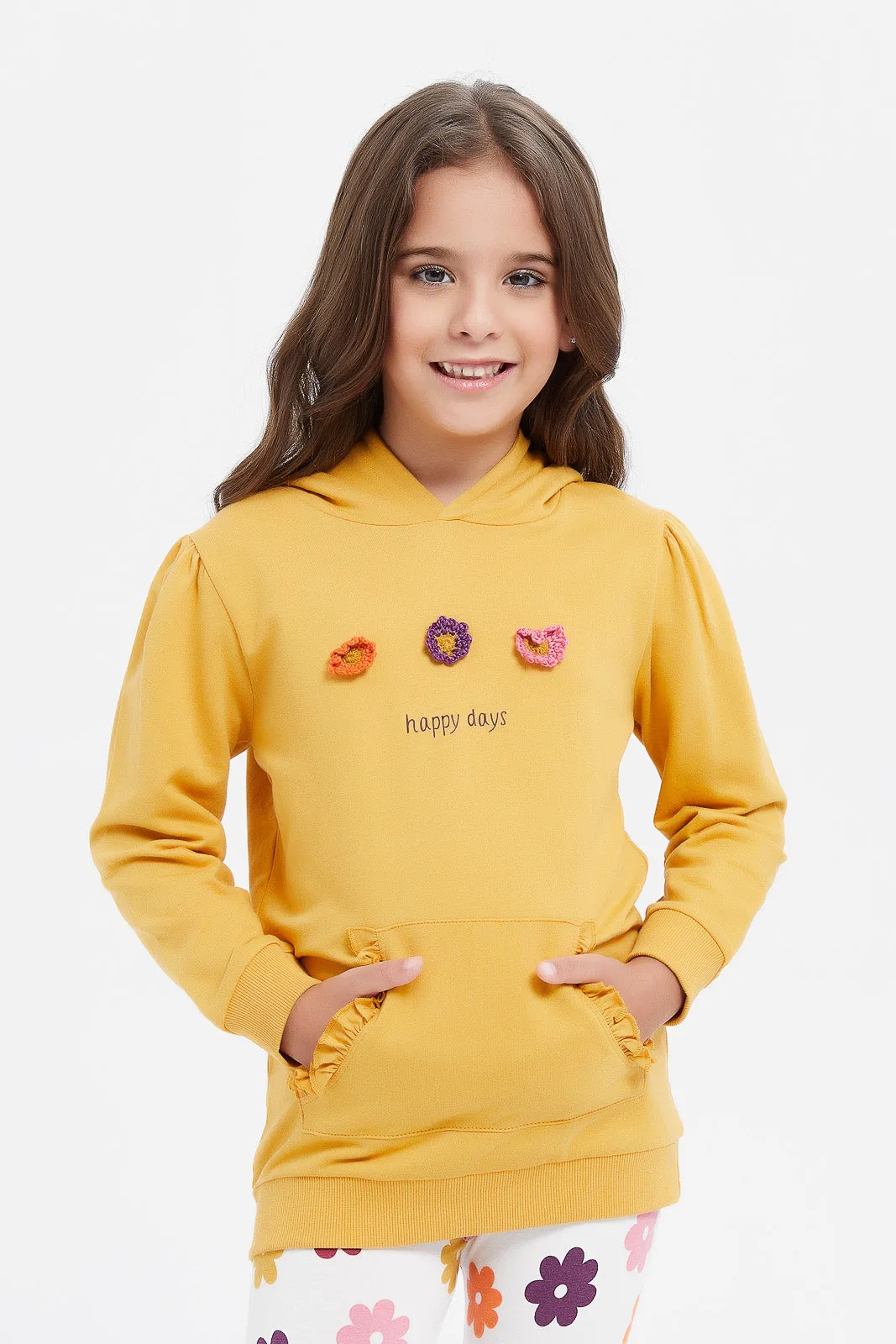 Girls Mustard Hooded Printed Sweatshirt Set (2 Piece)