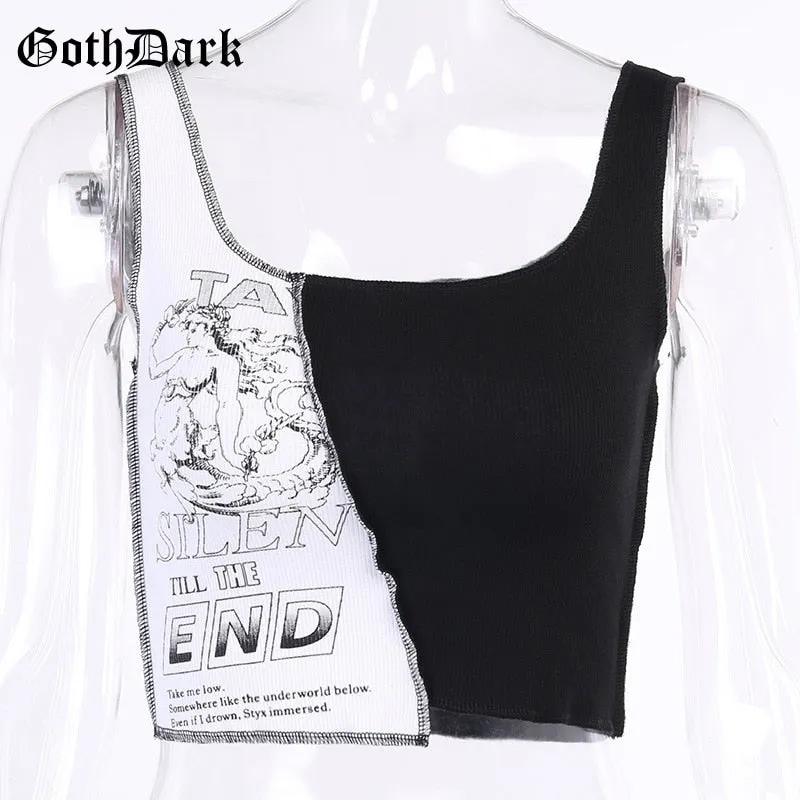 Goth Dark Punk Style Patchwork Tank Tops Aesthetic Letter And Graphic Print Women Crop Top Color Blocking Sleeveless Streetwear