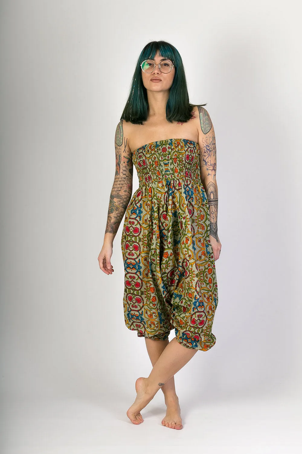 Green Floral Print Cotton Harem Yoga Jumpsuit Pants