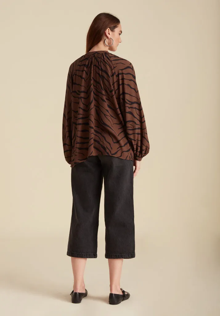 Helena Bow Detail Tiger Print Blouse In Brown