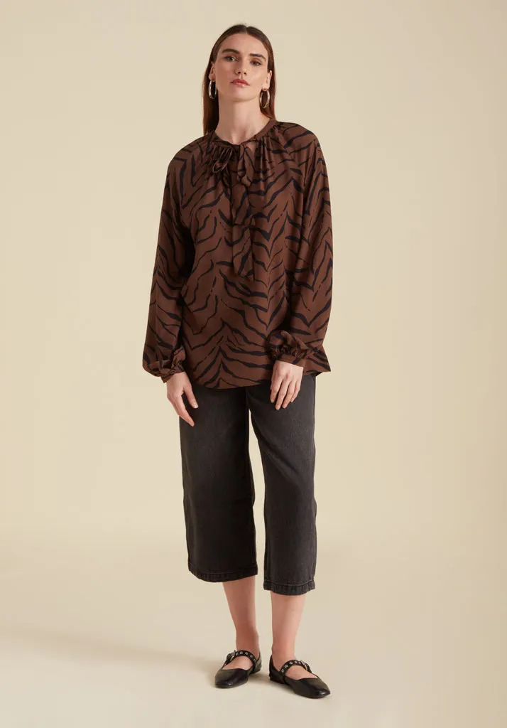 Helena Bow Detail Tiger Print Blouse In Brown