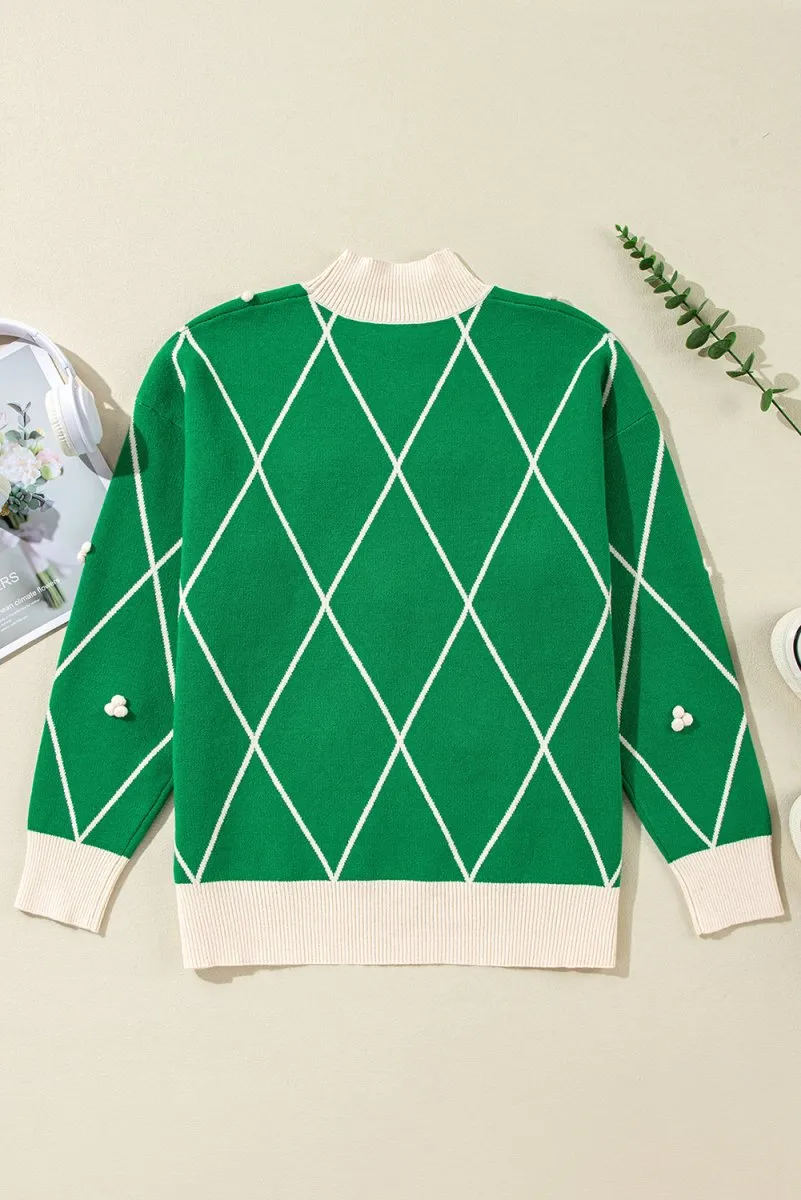 Holly Pom Pom Green Diamond Pattern Sweater