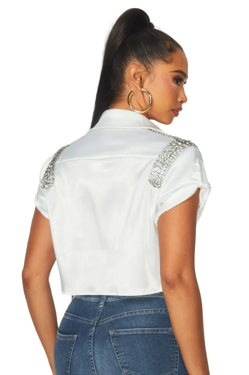 Hot & Delicious Women's Leni Rhinestone Embellished Crop Button Up Shirt