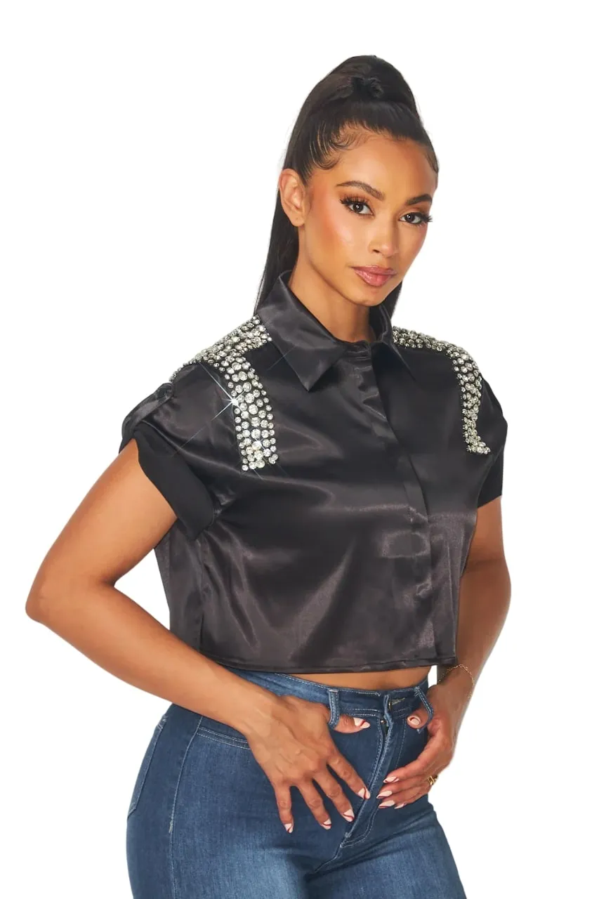 Hot & Delicious Women's Leni Rhinestone Embellished Crop Button Up Shirt