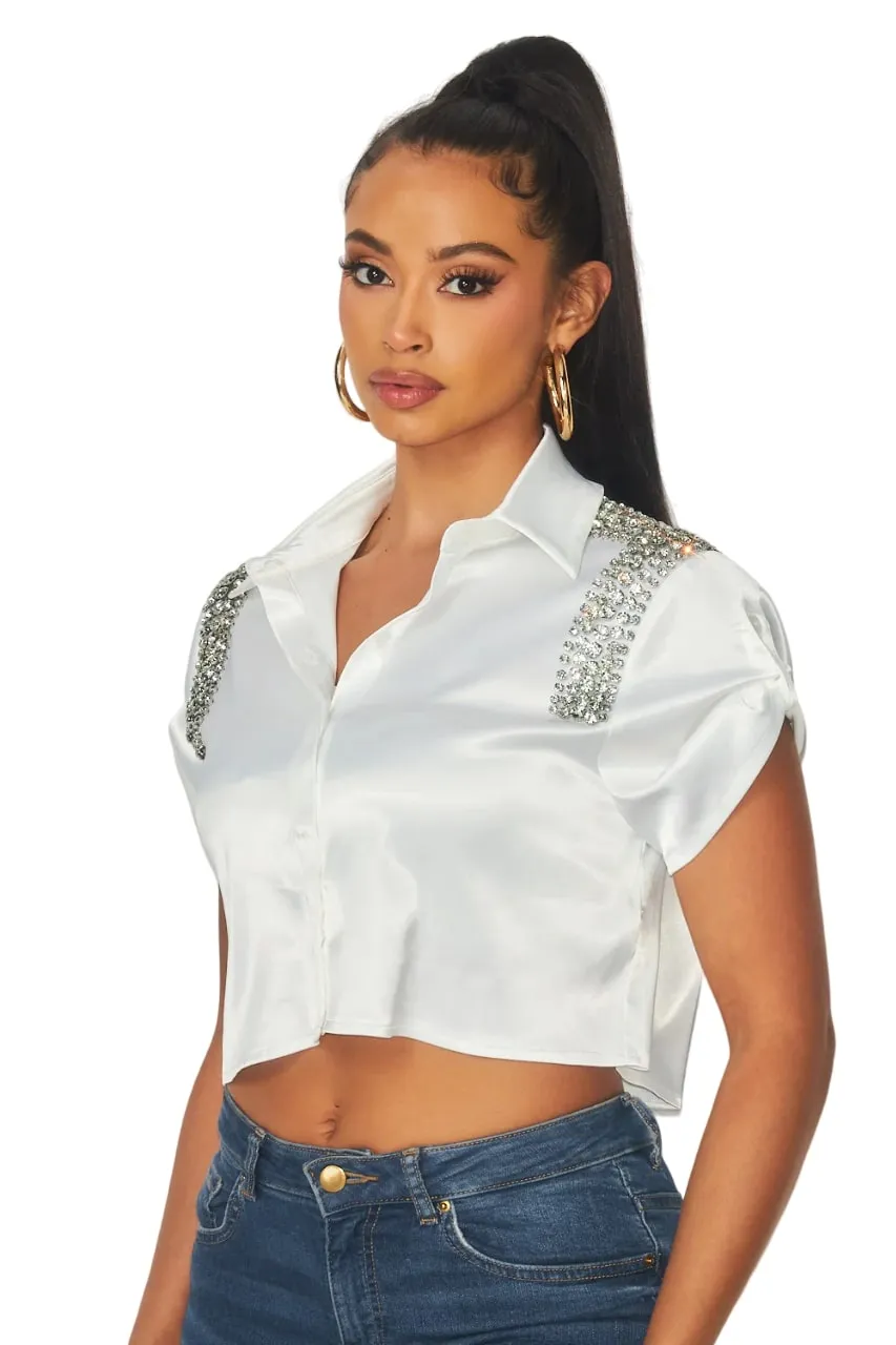 Hot & Delicious Women's Leni Rhinestone Embellished Crop Button Up Shirt