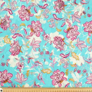 Japanese Pure Cotton Lawn Prints Design-144 Pink Abstract Flowers on Blue