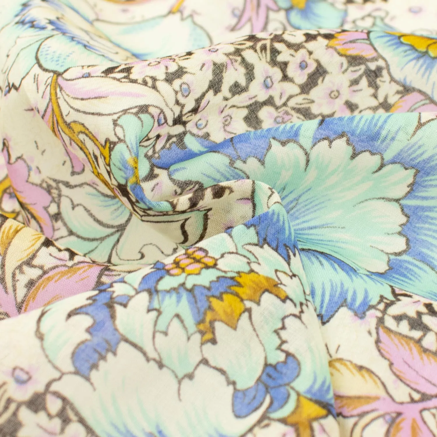 Japanese Pure Cotton Lawn Prints Design-157 Blue & Yellow Large Floral Vines on Ivory