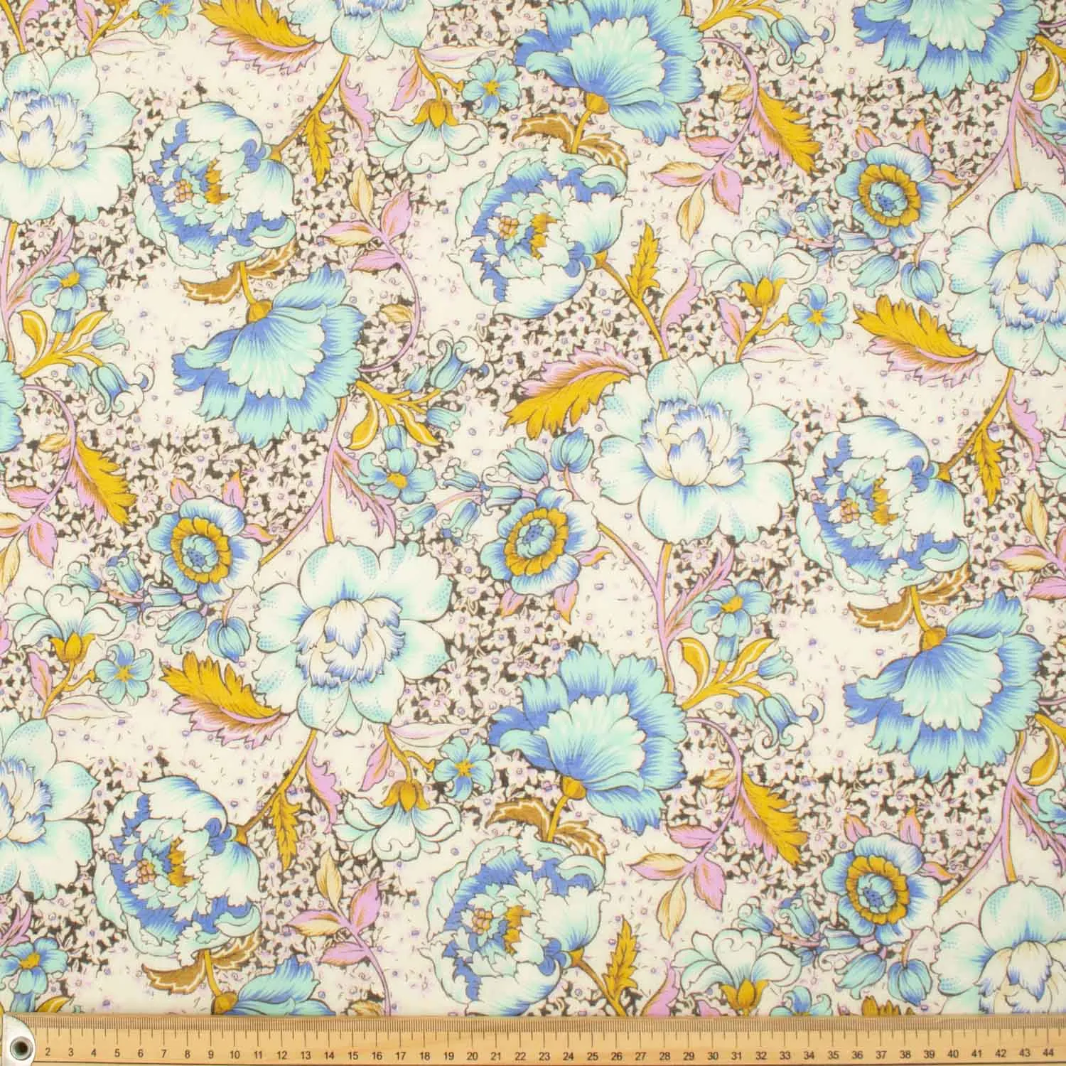 Japanese Pure Cotton Lawn Prints Design-157 Blue & Yellow Large Floral Vines on Ivory