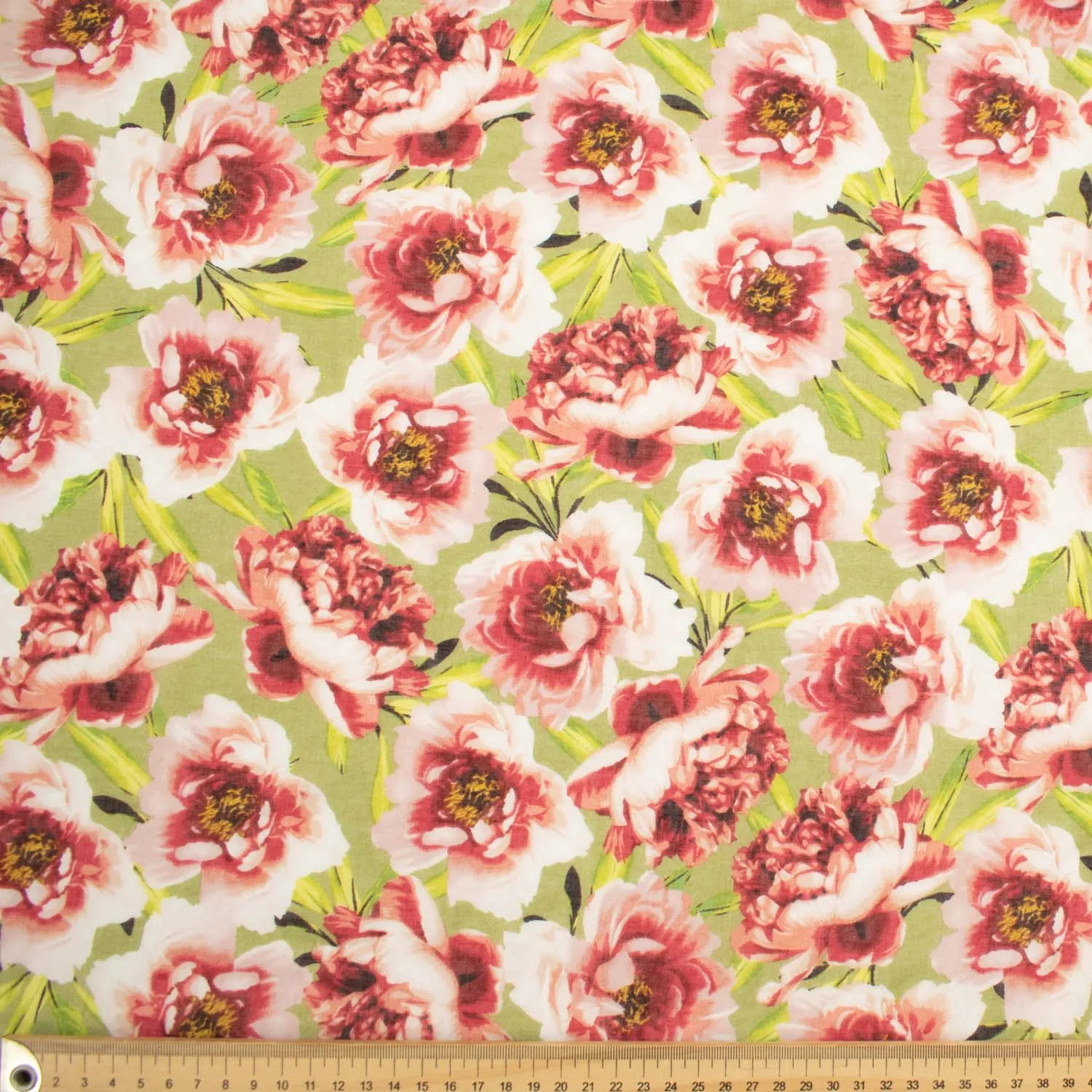 Japanese Pure Cotton Lawn Prints Design-202 Large Red Flowers on Green