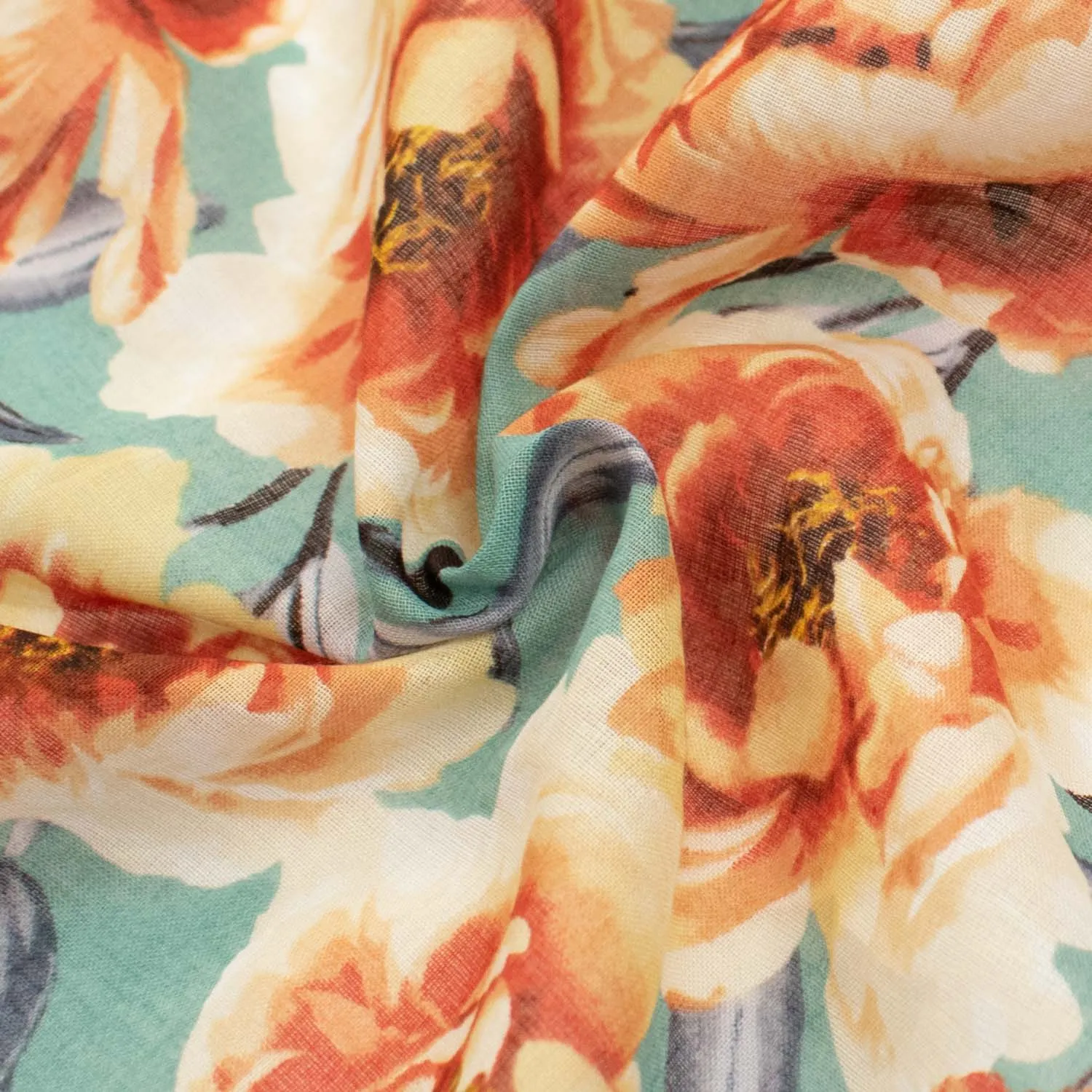 Japanese Pure Cotton Lawn Prints Design-205 Large Burnt Orange Flowers on Teal