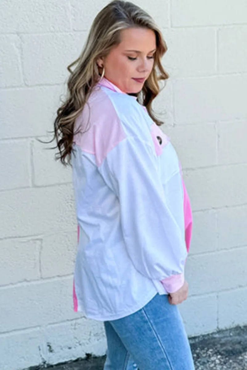 Jenny Pink Half Button Plus Size Sweatshirt