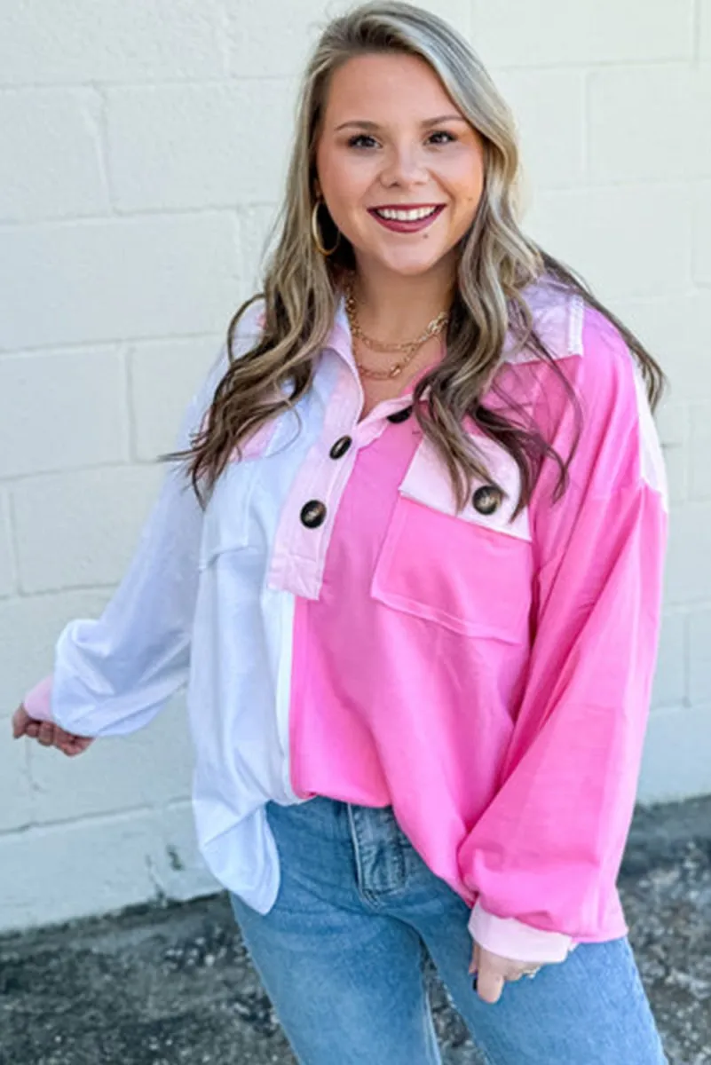 Jenny Pink Half Button Plus Size Sweatshirt