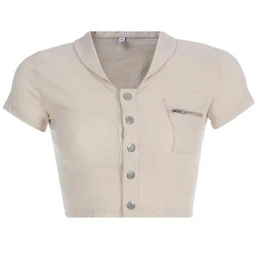 Khaki England Style Vintage Zipper Pocket Single-Breasted Turn-Down Collar Tees