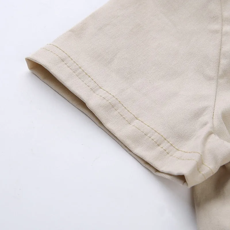 Khaki England Style Vintage Zipper Pocket Single-Breasted Turn-Down Collar Tees